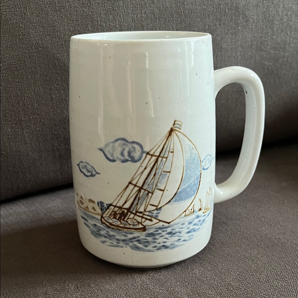 Seaside Sailboat Ceramic Mug - White and Blue